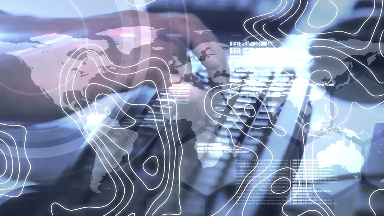 animación de una carta topográfica en movimiento sobre las manos escribiendo en el teclado de la computadora