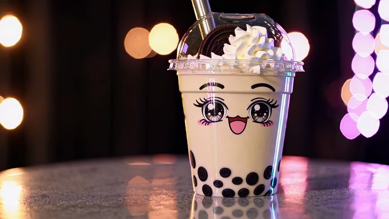 Six images of a kawaii bubble tea cup with whipped cream, cookie, and a straw, placed on a reflective surface, against a backdrop of colorful bokeh lights