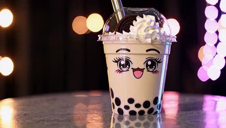 six images of a kawaii bubble tea cup with whipped cream, cookie, and a straw, placed on a reflective surface, against a backdrop of colorful bokeh lights