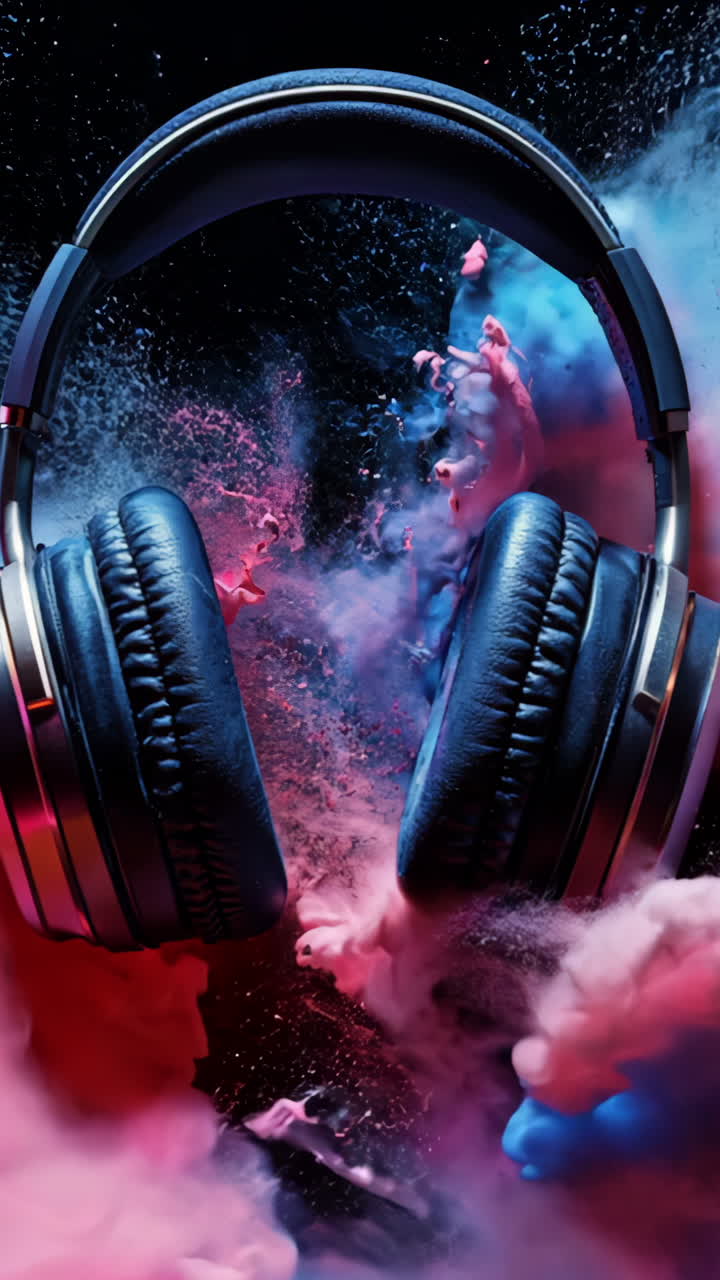 A pair of headphones is shown in a colorful explosion of red, blue, and purple. The headphones are positioned in the middle of the explosion, with the red and blue colors surrounding them