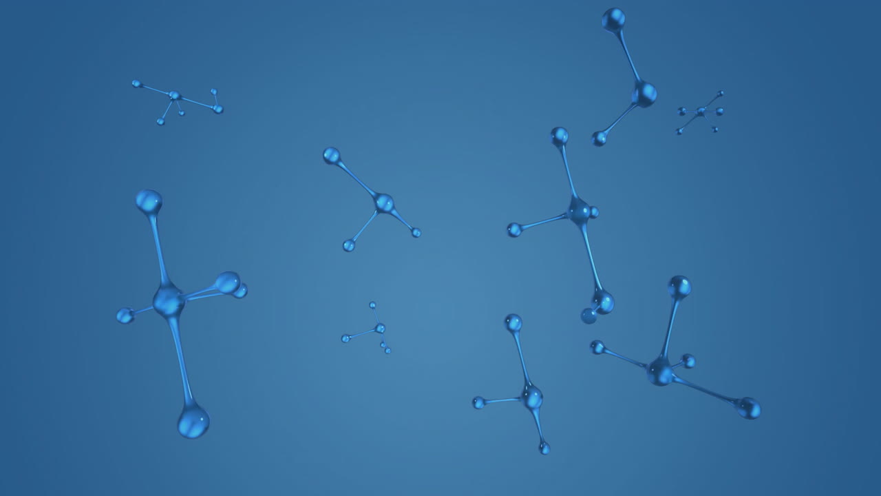 animación de estructuras de elementos flotantes que giran sobre un fondo azul