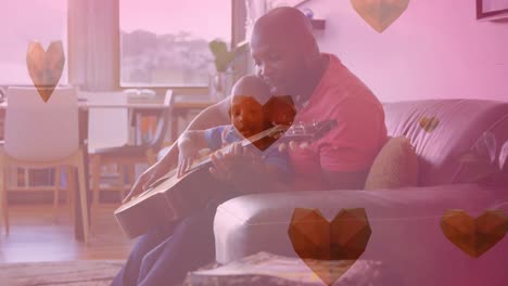 animation of heart icons over african american father with child playing guitar