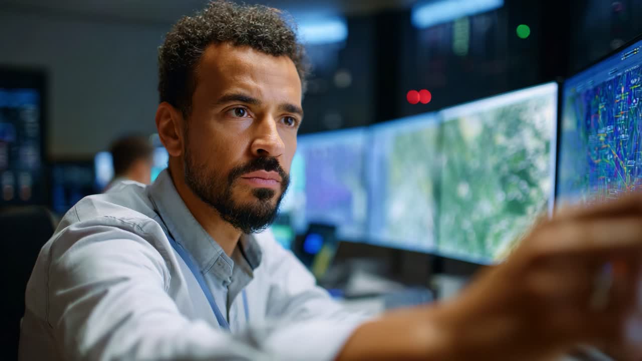 Focused Analyst Monitoring Data on Multiple Screens in a High-Tech Control Room Environment, Analyzing Real-Time Information with Advanced Technology