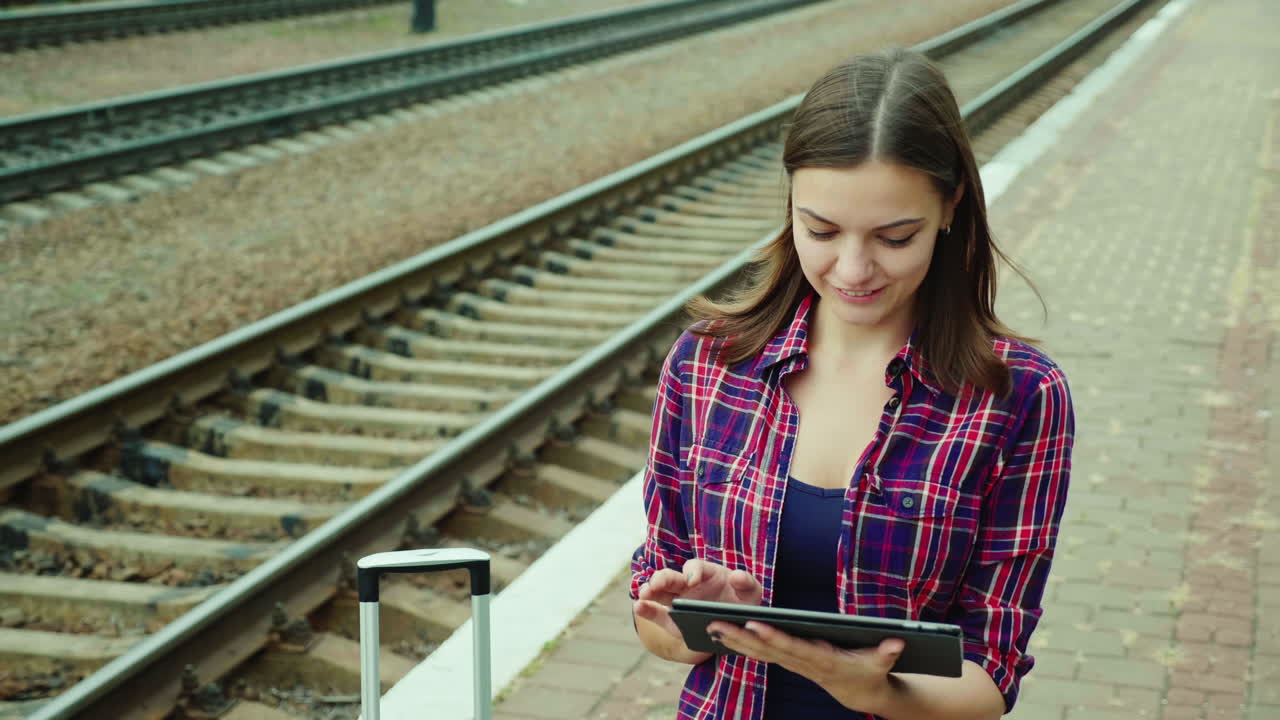 mujer joven usa una tableta en una estación de tren