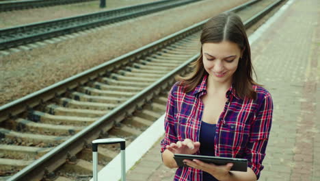 mujer joven usa una tableta en una estación de tren