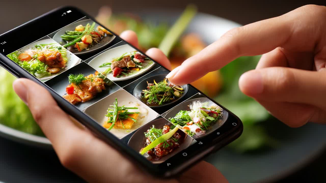 An Enthusiastic Food Review: Engaging Close-Up of a Hand Selecting Delicious Dish Images on Smartphone, Highlighting an Array of Colorful Culinary Options