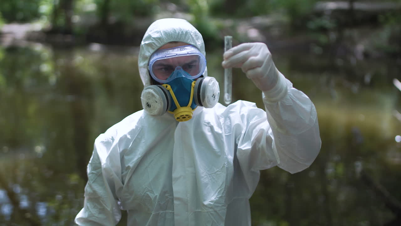 Scientist in hazmat suit taking water sample