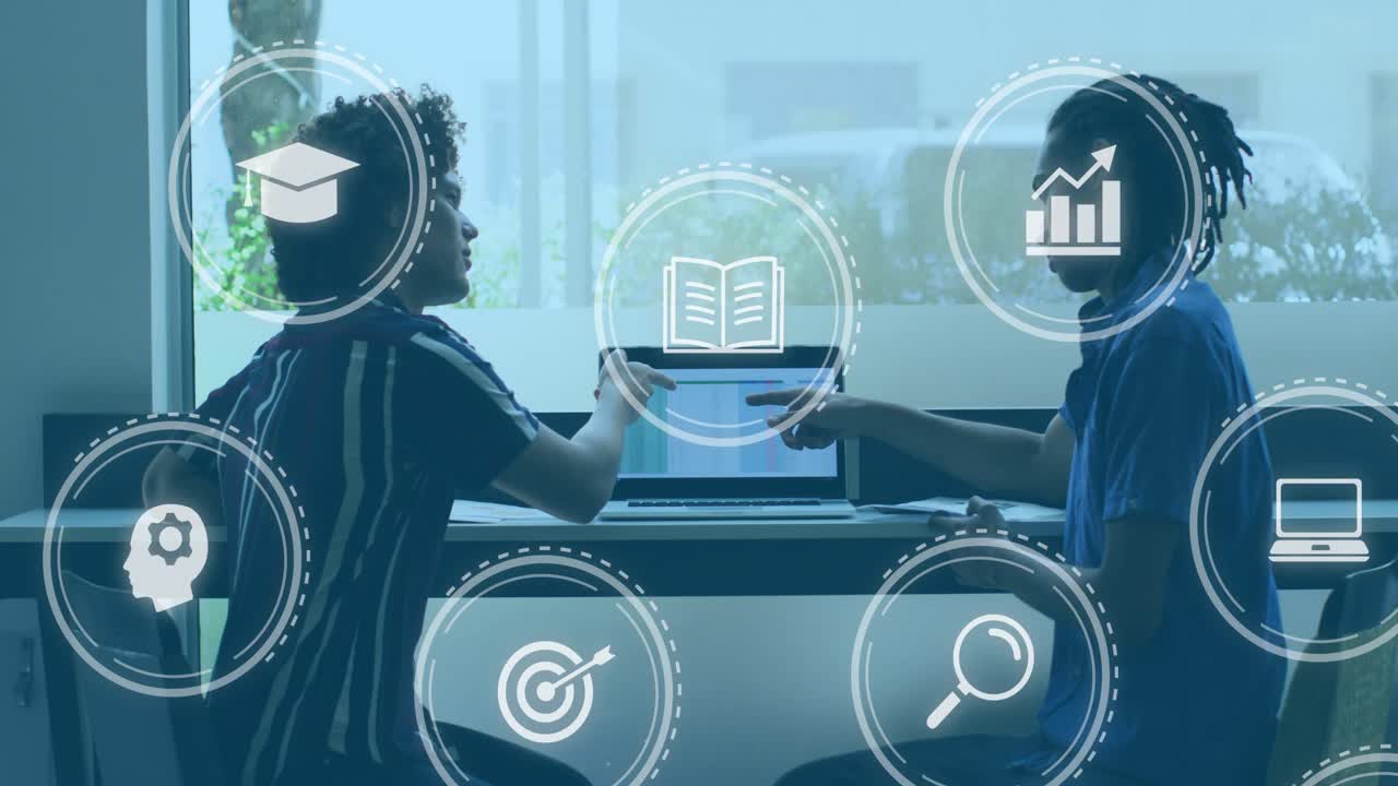 Right peer pointing at laptop, left peer leaning, working as HUD icons tagging charts for education