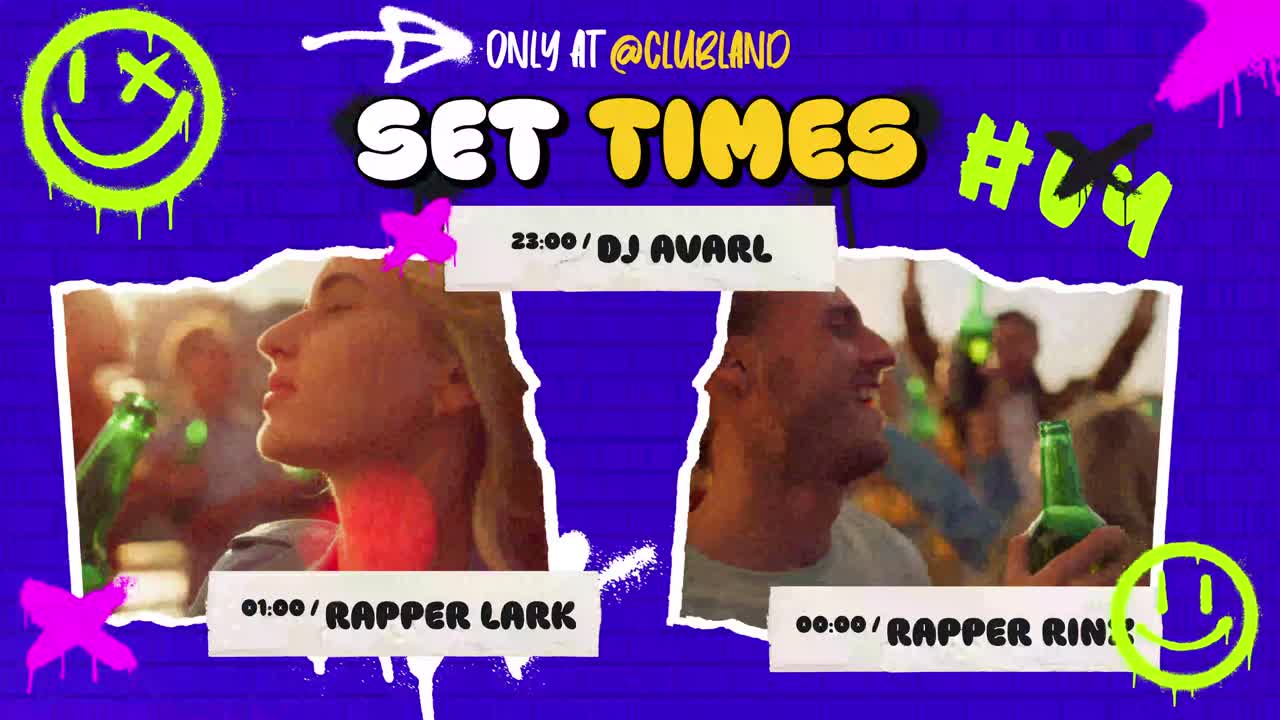 Vibrant Animated Promotion for a Nightclub Event with Set Times
