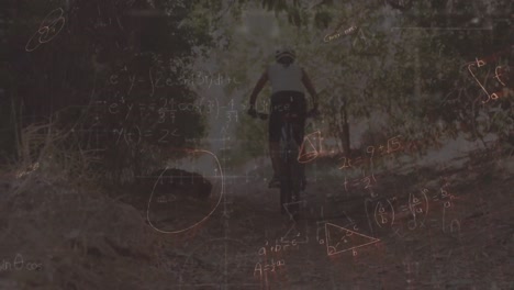 Animation-Mathematischer-Gleichungen-über-Einem-Kaukasischen-Mann,-Der-Fahrrad-Fährt