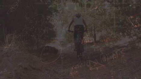 animation of mathematical equations over caucasian man riding bike