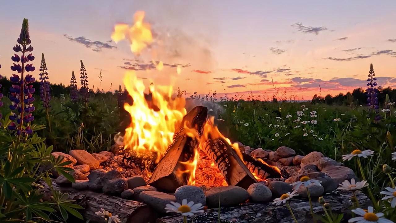 Un accogliente falò risplende tra vivaci fiori selvatici sotto un tramonto mozzafiato, creando un'atmosfera calda e invitante nell'abbraccio della natura.