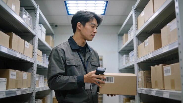 Bringing scanner toward barcode, Asian stock clerk scanning box in aisle in gray jacket, ID lanyard