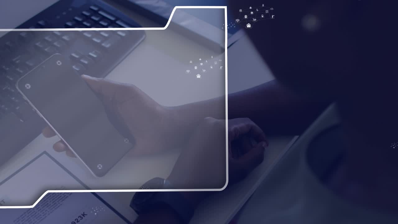 Animation of media icons over african american woman using smartphone