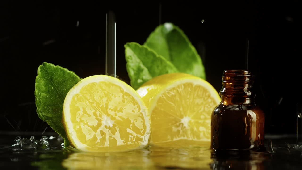 mitades de limón y botella en agua de primer plano, jugo de limón. lluvia, suero de aroma en fondo negro. extracto líquido de cítricos, rutina de cuidado de la piel, concepto de spa de tratamiento. medicina tradicional