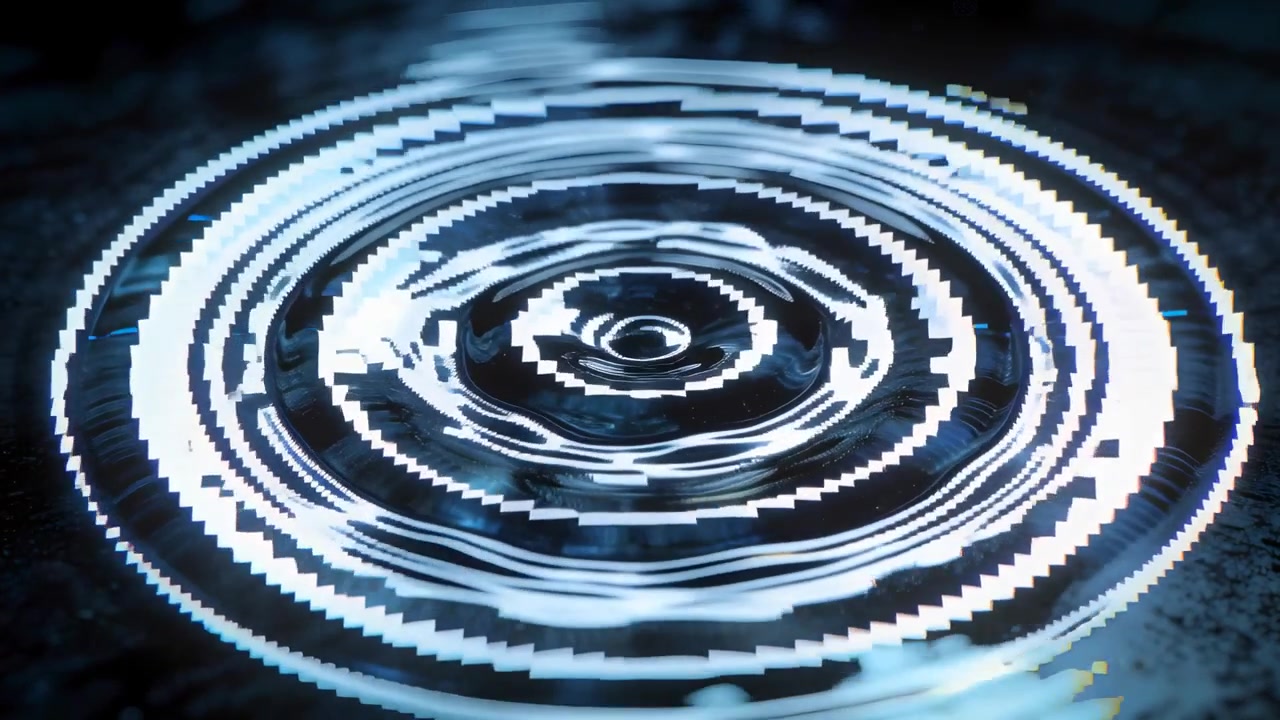 Forming from droplet impact, concentric ripples expanding across dark basin with pixelation