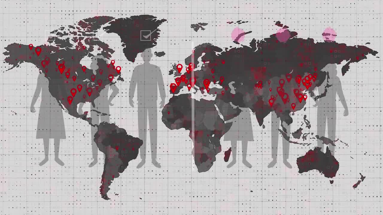 Animation of covid 19 cells over people silhouettes and world map