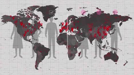 animación de células de covid-19 sobre siluetas de personas y mapa del mundo