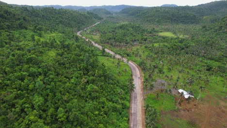 4k drone video following a tuk-tuk driving along a road surrounded by luscious green nature