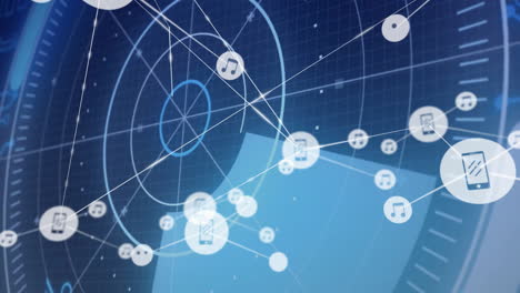animation of digital network with connected devices and icons over blue background