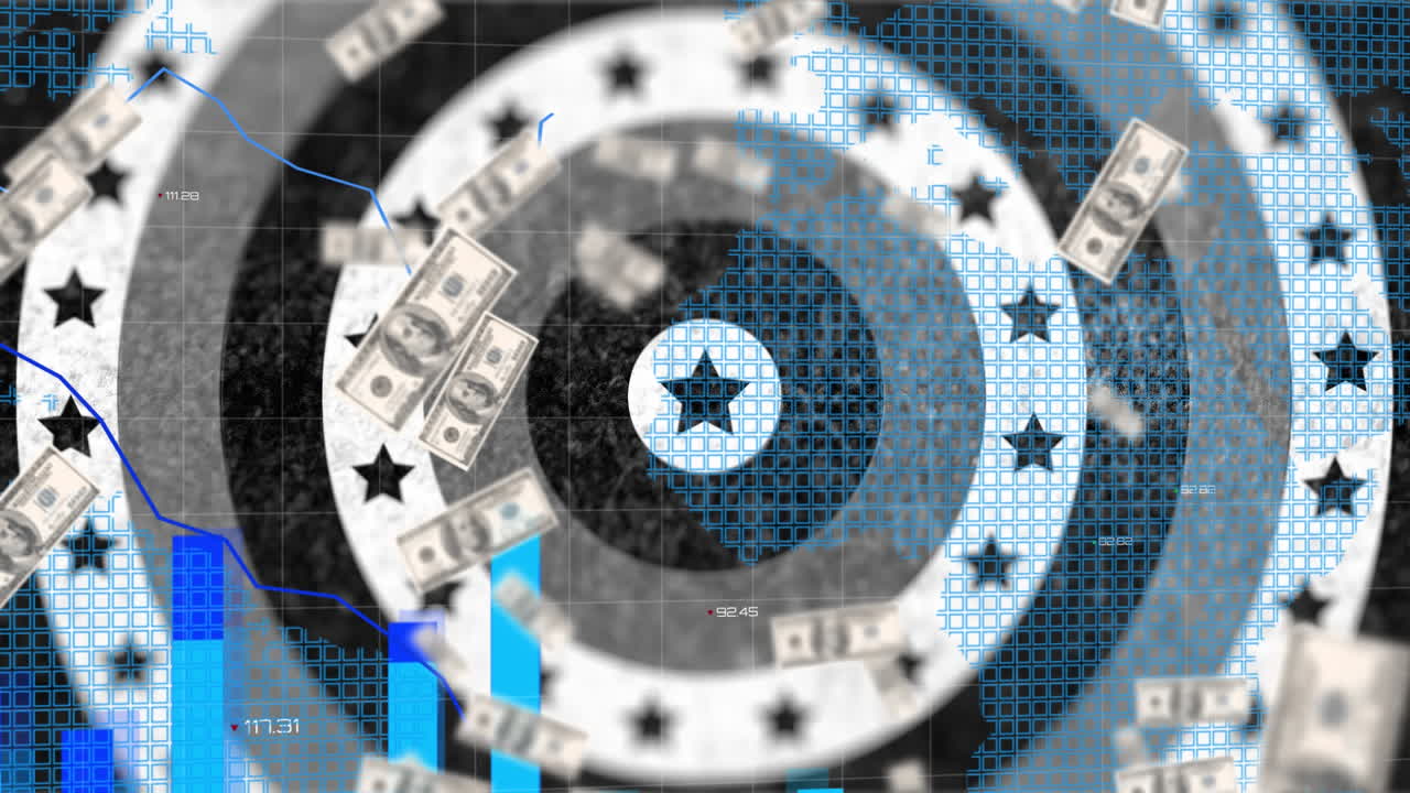 графики движутся и американские доллары падают на звезды на вращающихся кругах