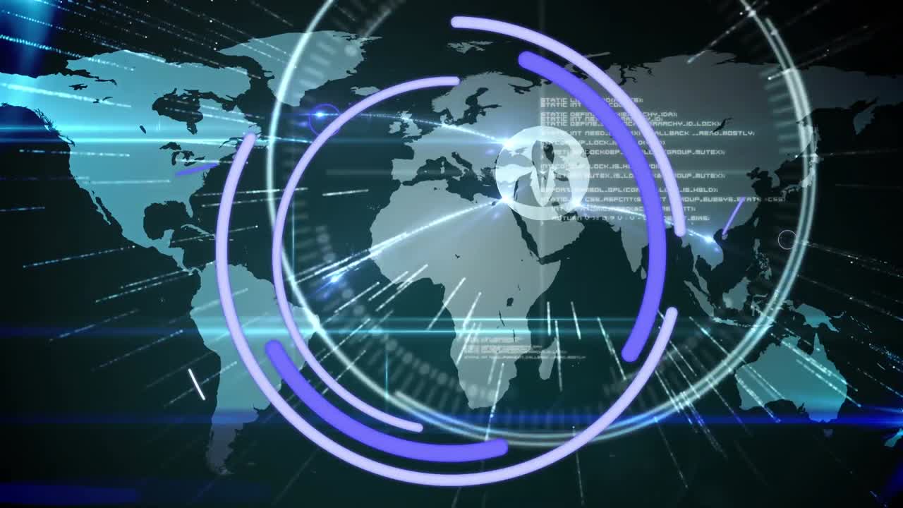 анимация обработки данных с картой мира на черном фоне