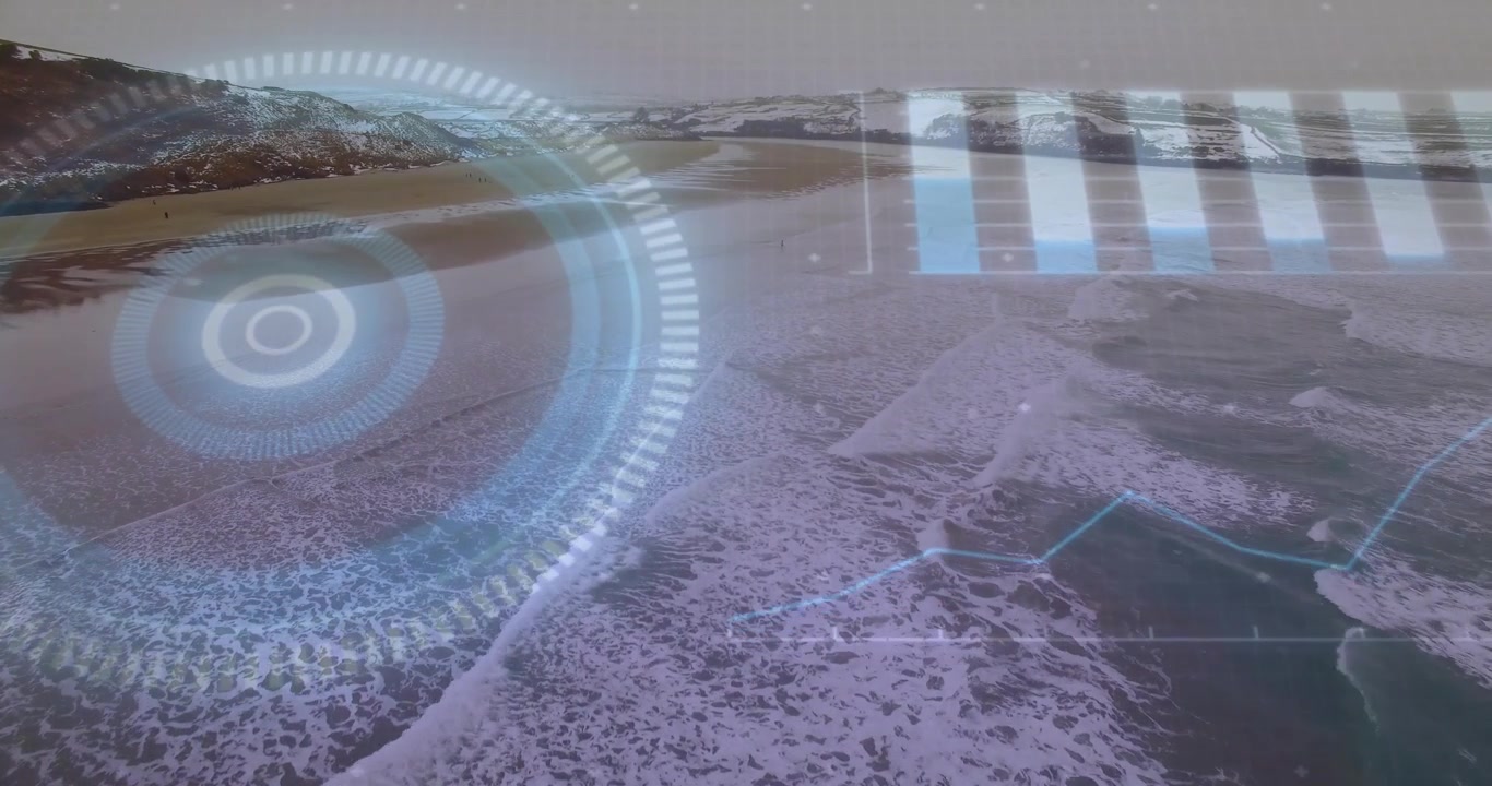 Drone che sorvola la costa avviando una scansione circolare HUD con barre crescenti e un grafico a linee che traccia la scansione dei dati