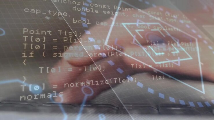 Programmørhånd trykker på taster, starter et hex HUD-overlay, der skifter gennem HTTP-geometri for at vise logik.