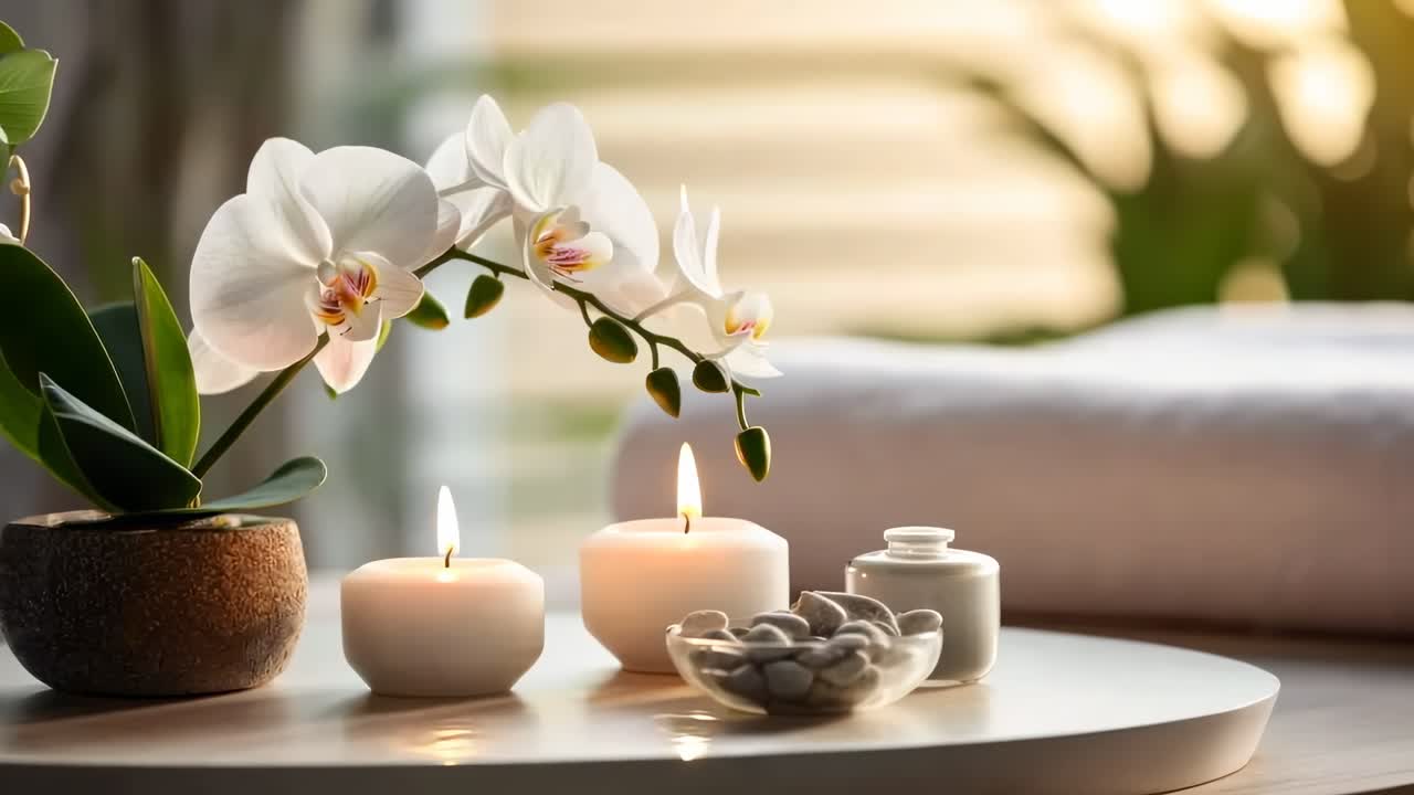 Orkideler, mumlar ve taşlarla dolu, dingin bir spa ortamı