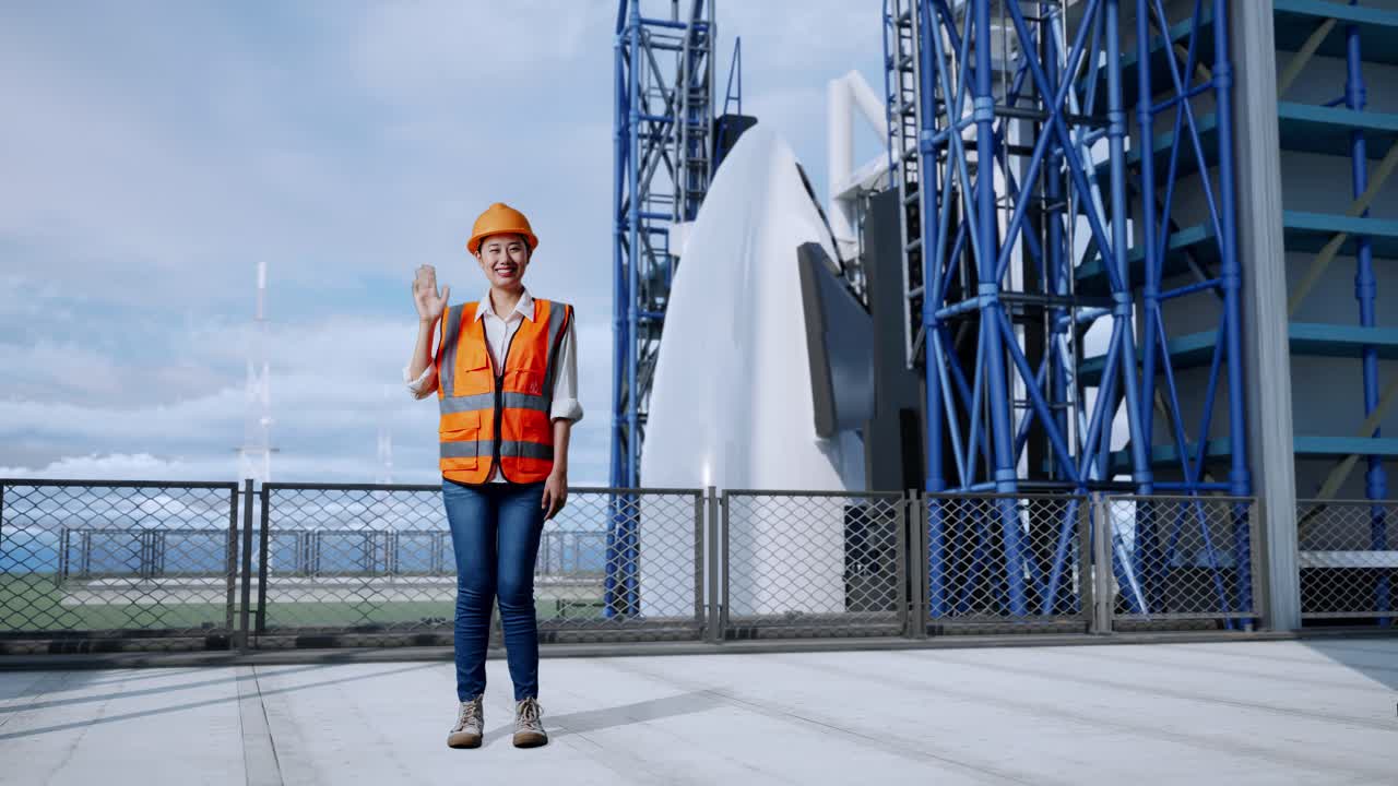 полное тело азиатской женщины-инженера с защитным шлемом улыбается в камеру и махает рукой, прощаясь, стоя с космическим шаттлом