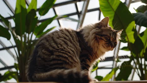 a fluffy cat relaxing in a greenhouse