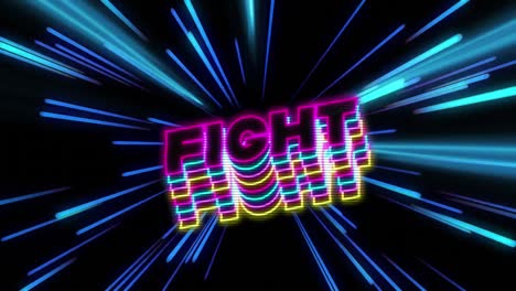 animation of fight text over neon light trails on black background