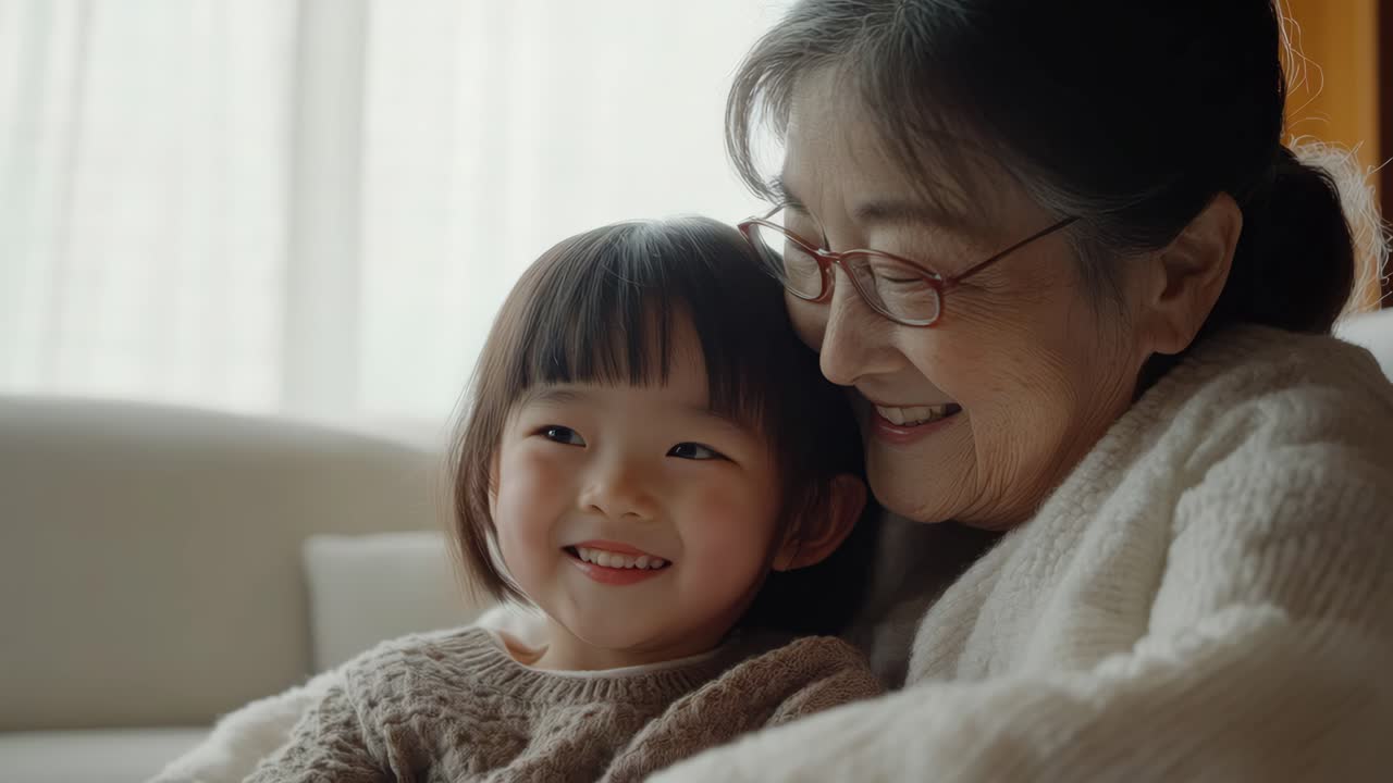 祖母と子供が笑顔でほほえましい、居心地の良いリビングルームで撮影された動画シーン