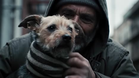 a heartwarming bond: a man's connection with his loyal dog amidst urban struggles depicted in two frames reflecting resilience and companionship
