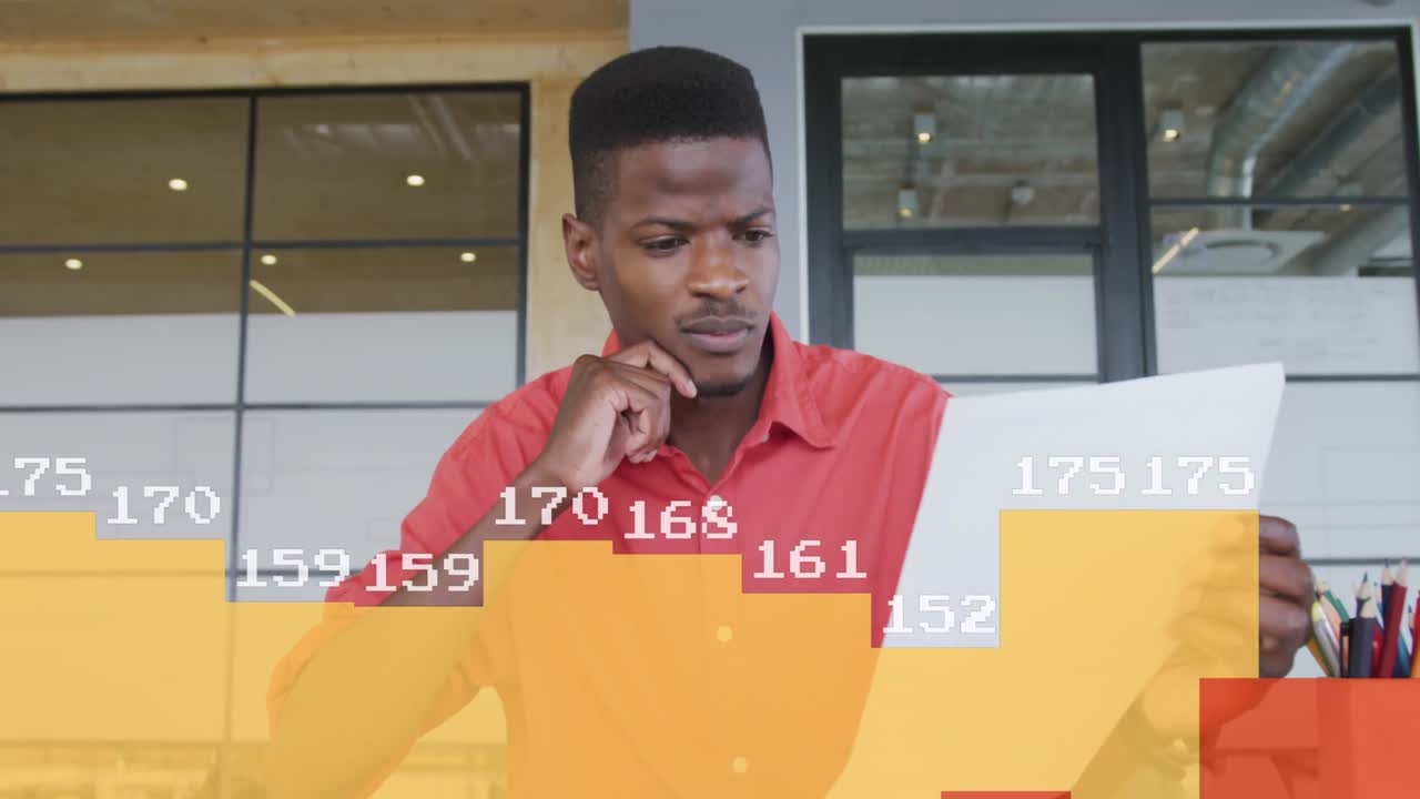 Animation of data processing over african american businessman in office