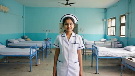 confident young nurse standing in a hospital ward filled with empty beds, embodying the essence of healthcare and the vital role of medical professionals in a sterile environment