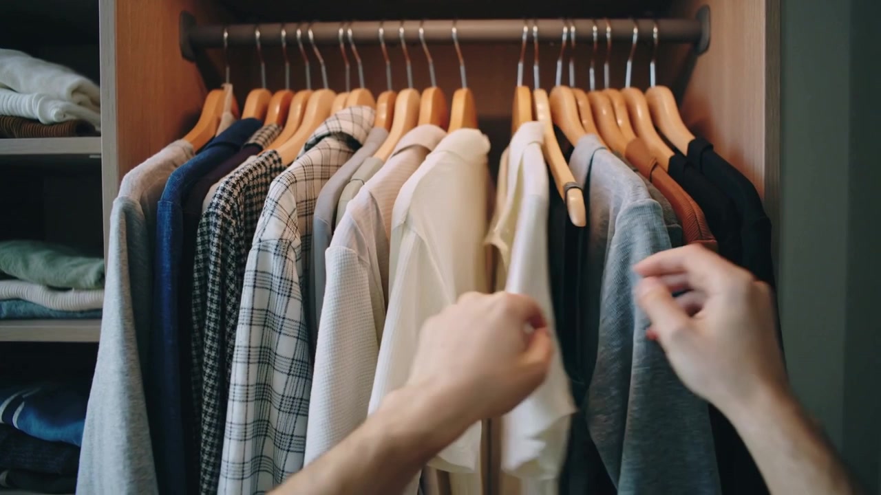 Mãos alcançando e separando camisas no varão do armário no quarto, verificando golas e selecionando um suéter escuro