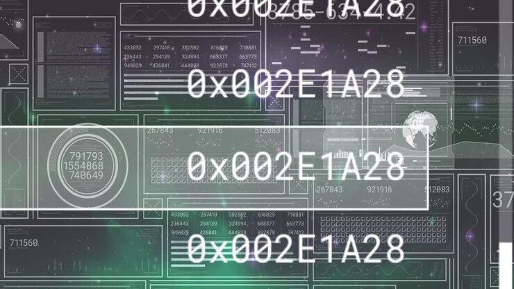 Animation of data processing over dark background