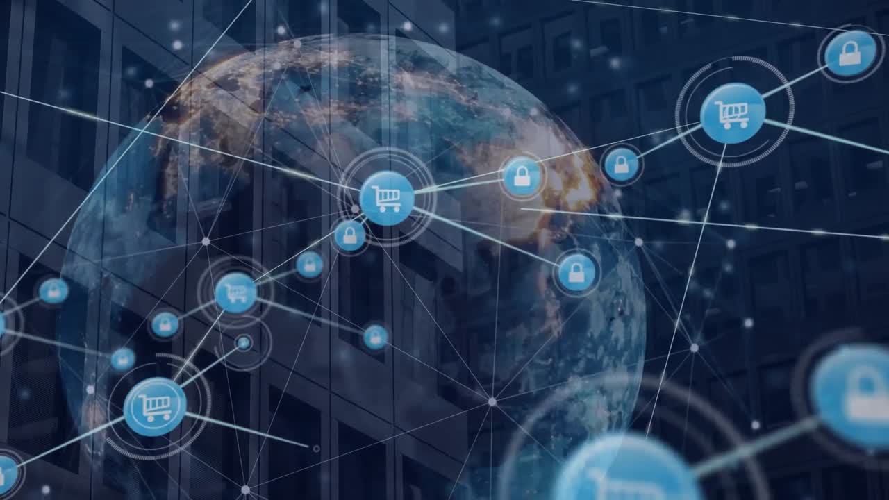 Animation of connected icons over dots around globe against building in background