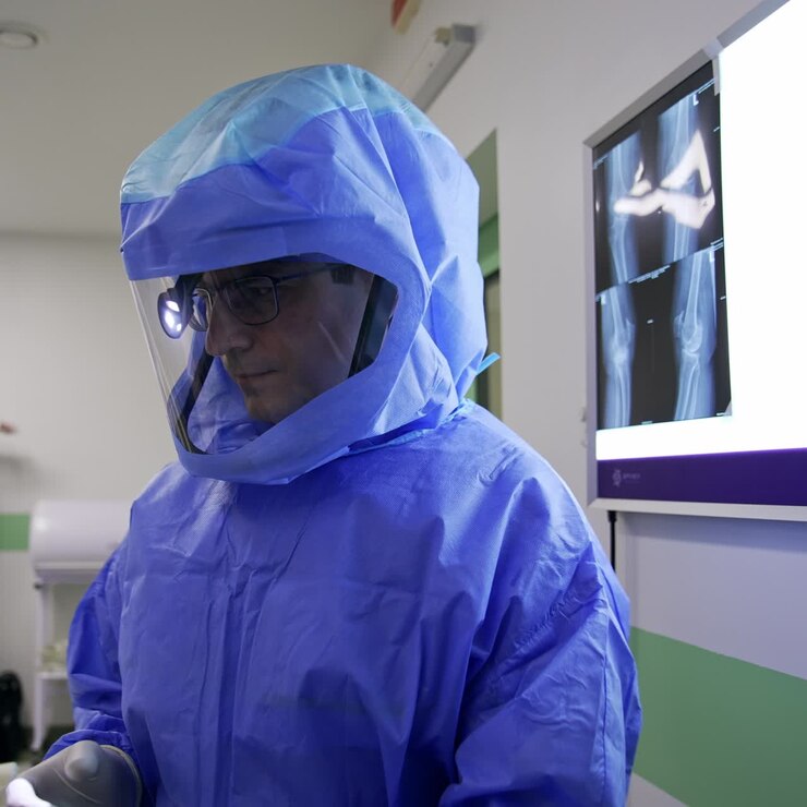 Un chirurgo professionista con indosso una tuta protettiva osserva attentamente lo schermo con una radiografia. Il dottore si sta preparando per un intervento di endoprotesi