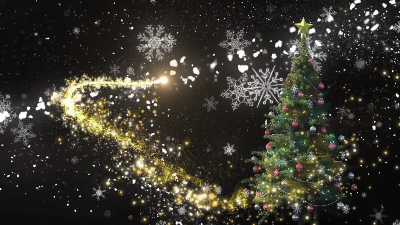 별과 장식품, 반이는 빛과 눈송이 애니메이션을 가진 크리스마스 트리