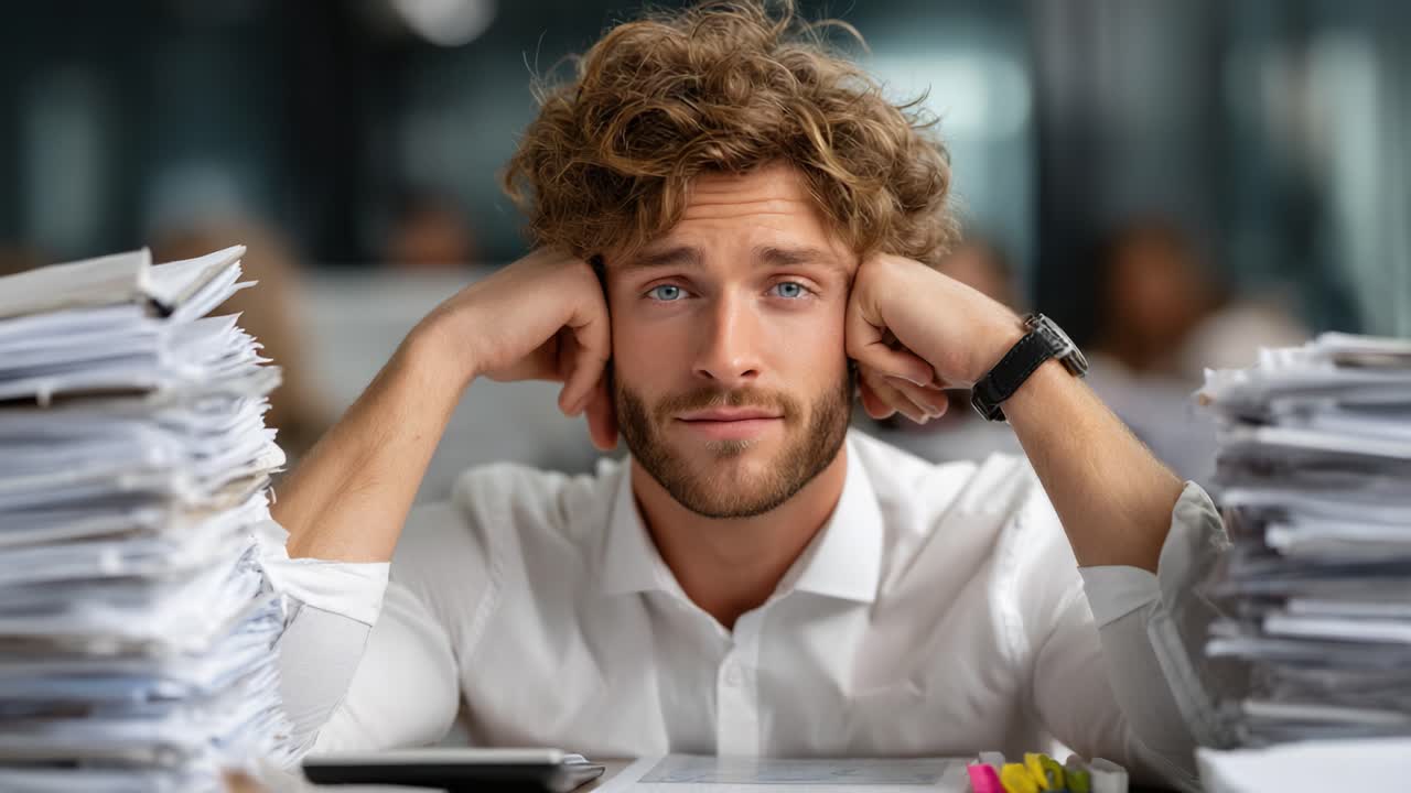 A Young Professional Stares Thoughtfully at a Mountain of Paperwork, Capturing the Struggles of Modern Work Life and the Need for Better Time Management