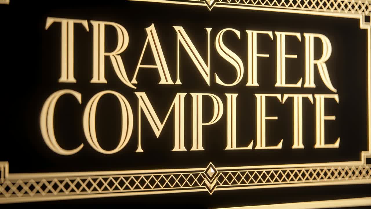 Vertical video: Pulling back camera revealing TRANSFER COMPLETE sign at dark panel with gold border