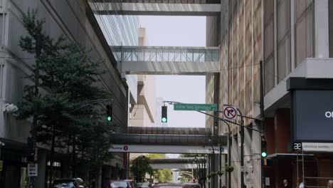 city street view with pedestrian walkways