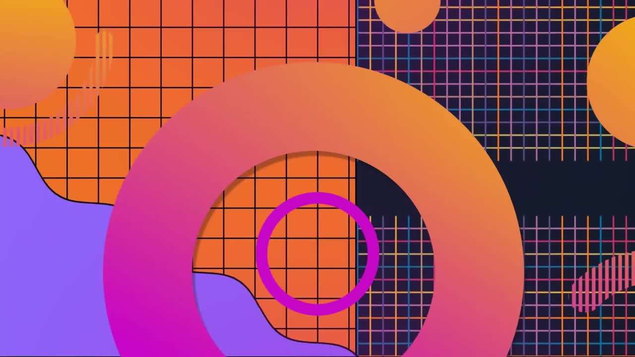 Animation of vibrant circles over pattern on orange and black background