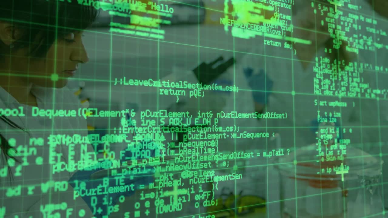Female lab tech logging samples on clipboard for research green code overlay shifting showing bench
