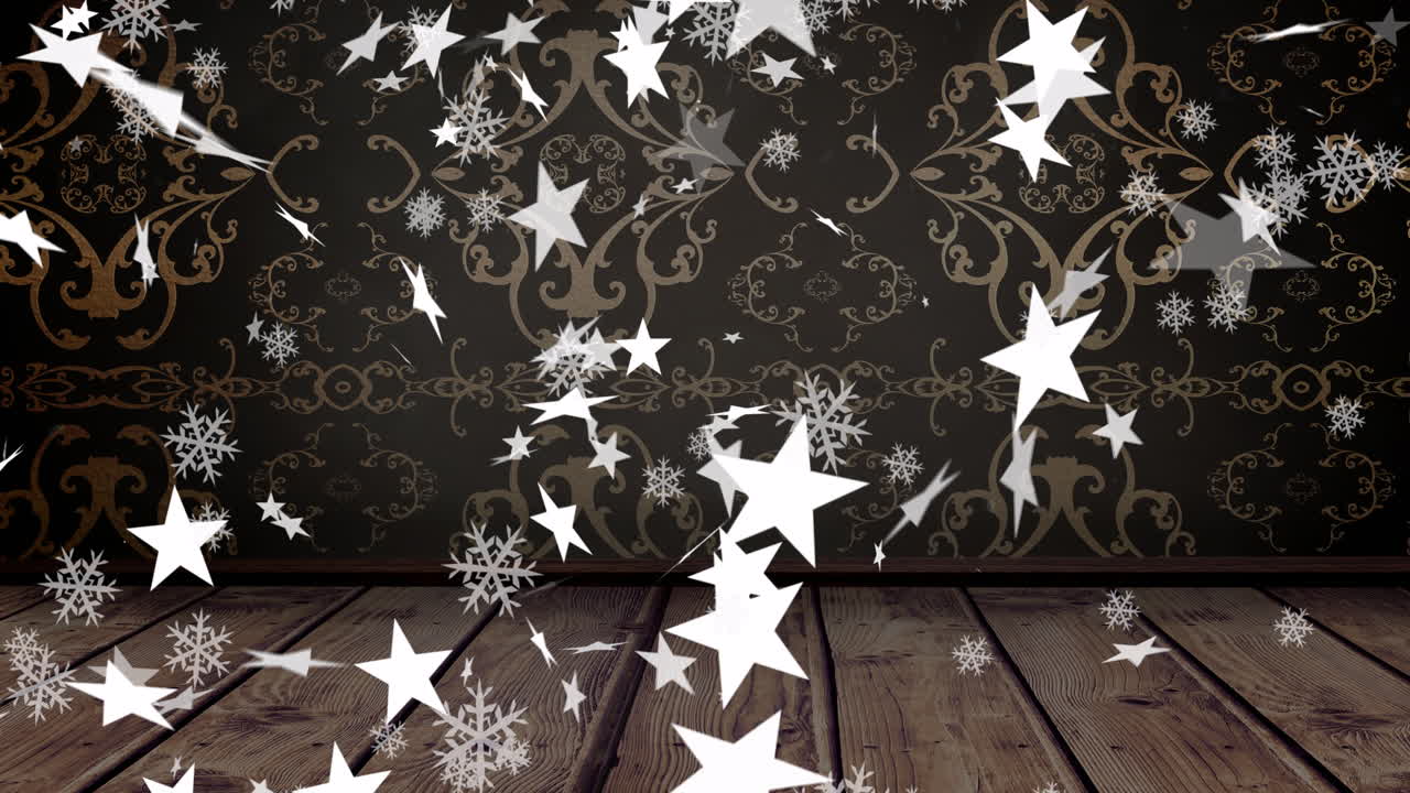 Animation of christmas stars falling over brown decorative background