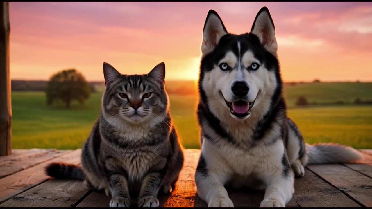 Sibiřský husky a mourovatá kočka sedící spolu na dřevěné verandě při západu slunce
