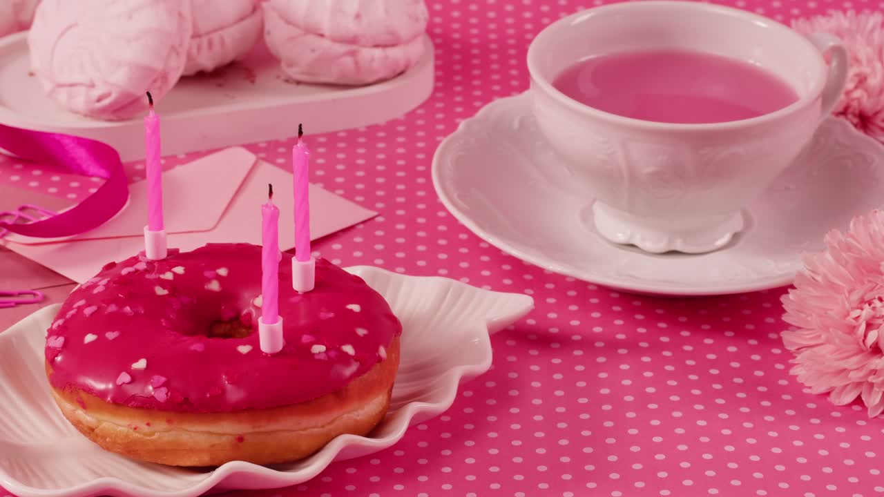 Pink Birthday Celebration with Donut and Tea