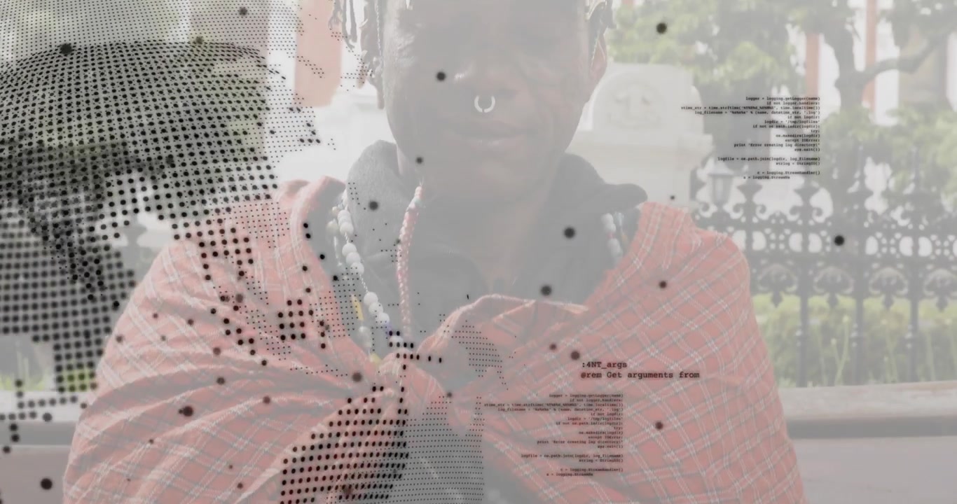 Tech user tapping smartphone while map and code overlay fading revealing plaid wrap and necklaces